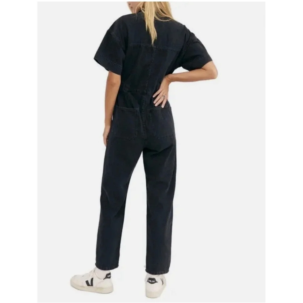 Free People Marci Denim Coveralls  Short Sleeve Faded Black Jumpsuit Size XS